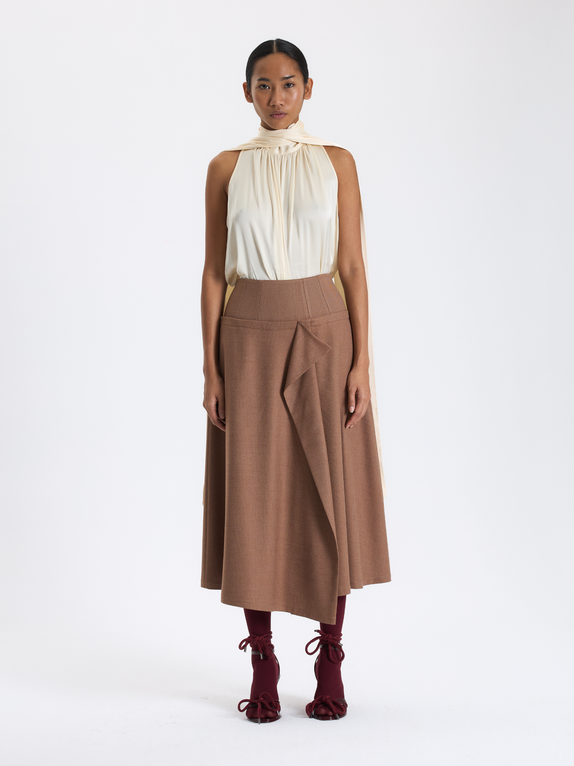 Karamel Drapeli Midi Etek